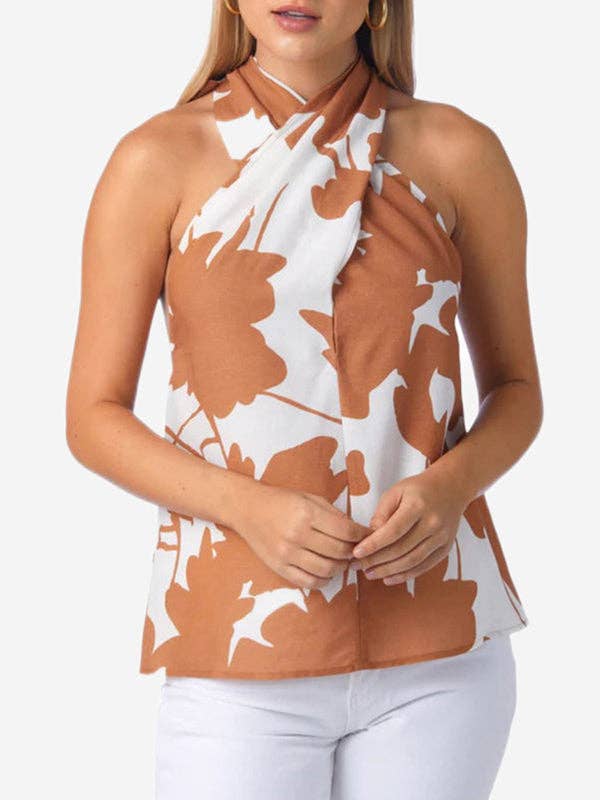 Backless Flower Print Halter Top & High Waist Shorts Set