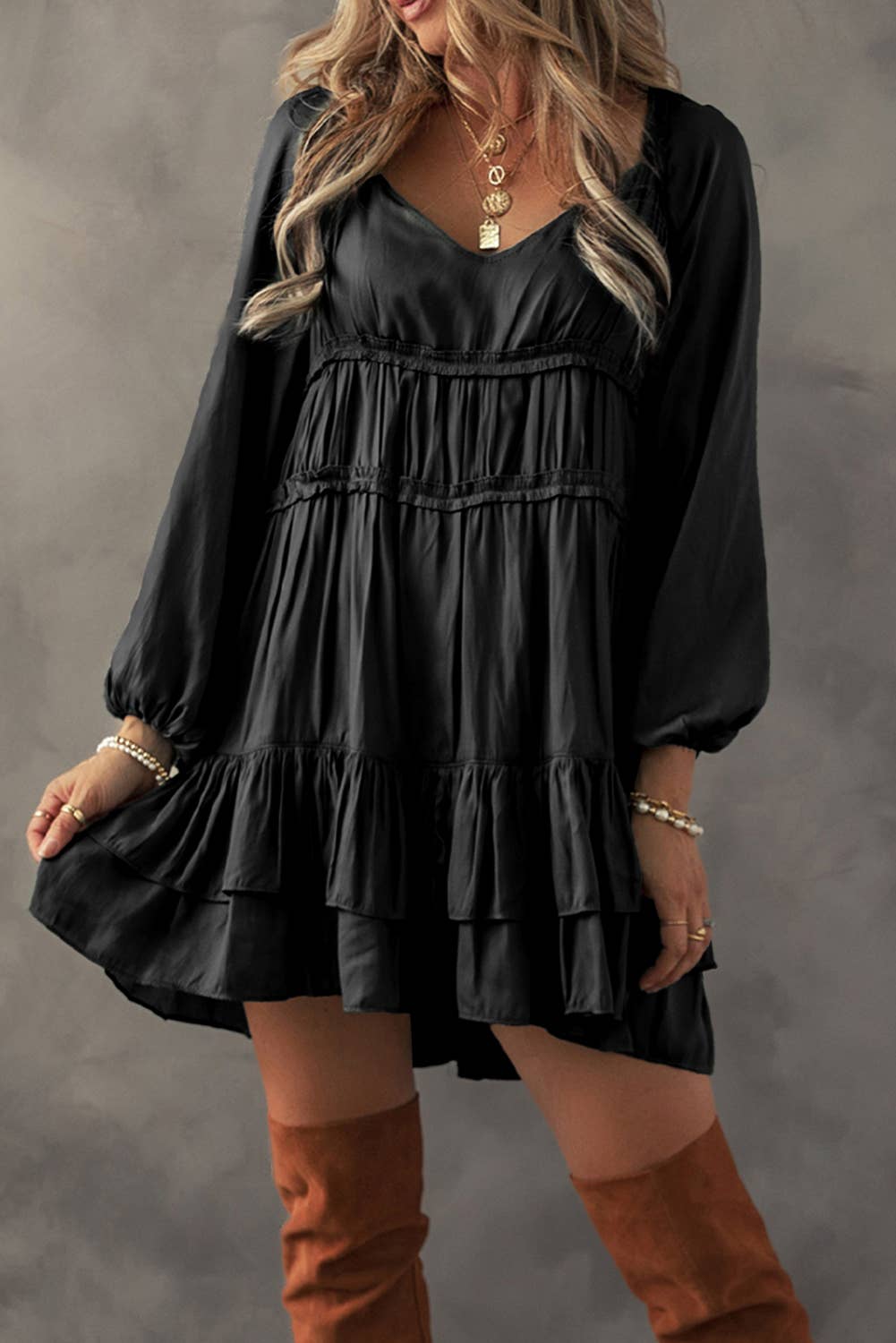 LDC Tiered Ruffled Puff Sleeve Loose Fit Mini Dress