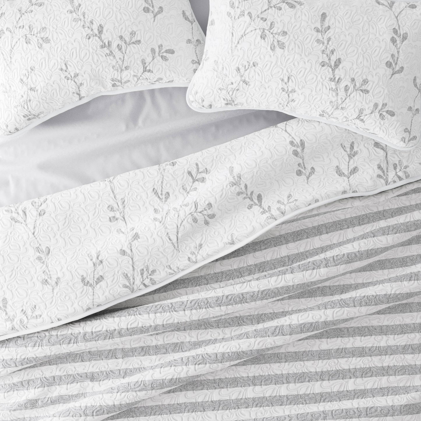 Sprouting Vines/Stripe Reversible Quilted Coverlet Set