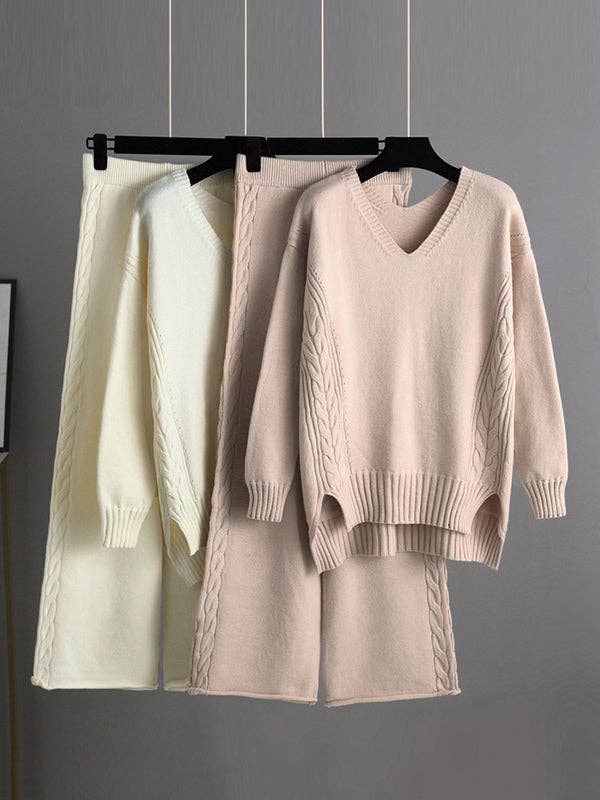 Urban Loose Solid Color V-Neck Sweater Tops& Wide Leg Pants Suits
