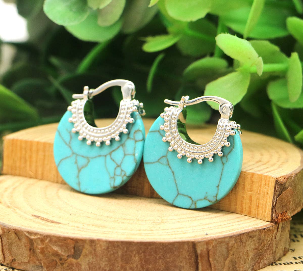 Turquoise Circle Cutout Huggie in 14K White Gold