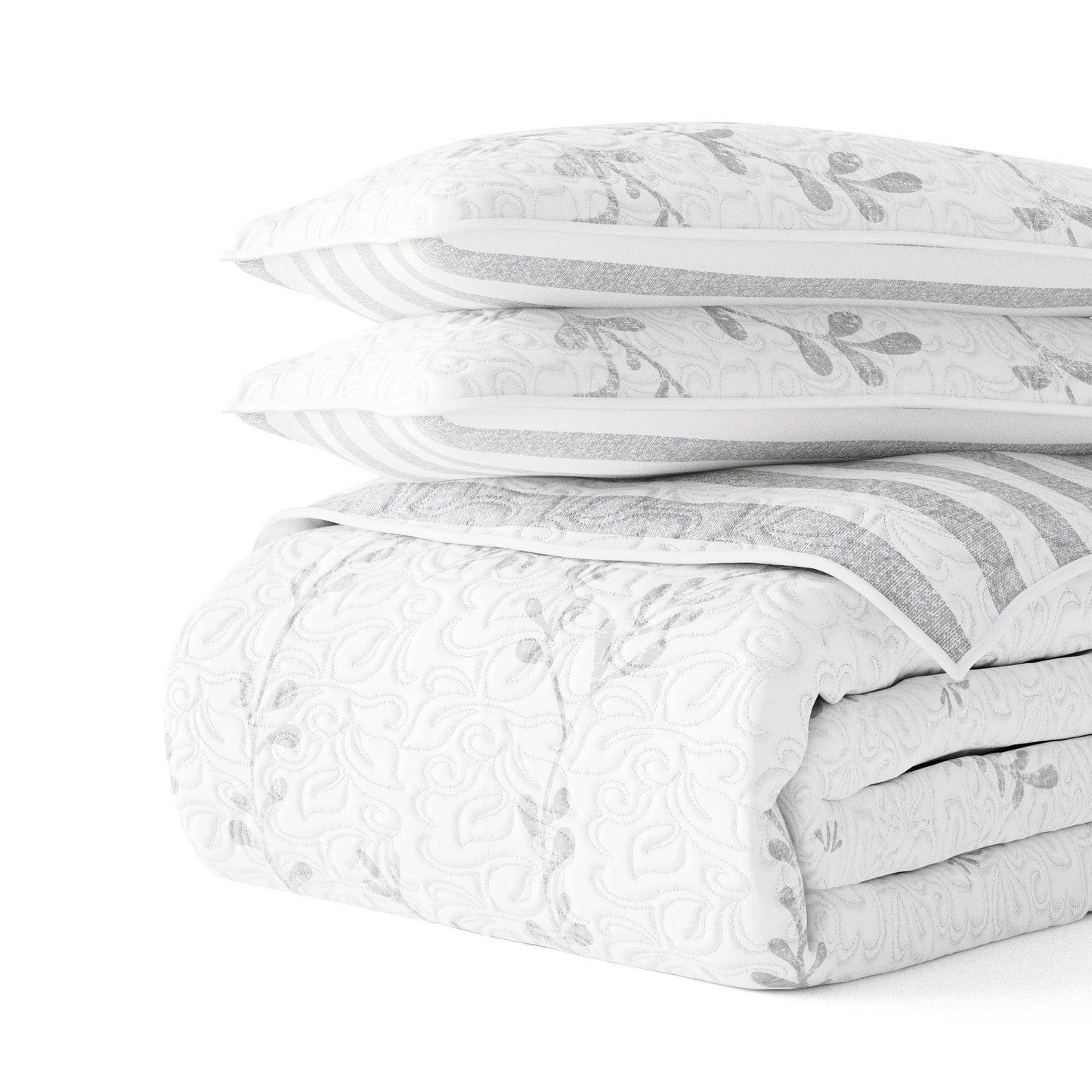 Sprouting Vines/Stripe Reversible Quilted Coverlet Set