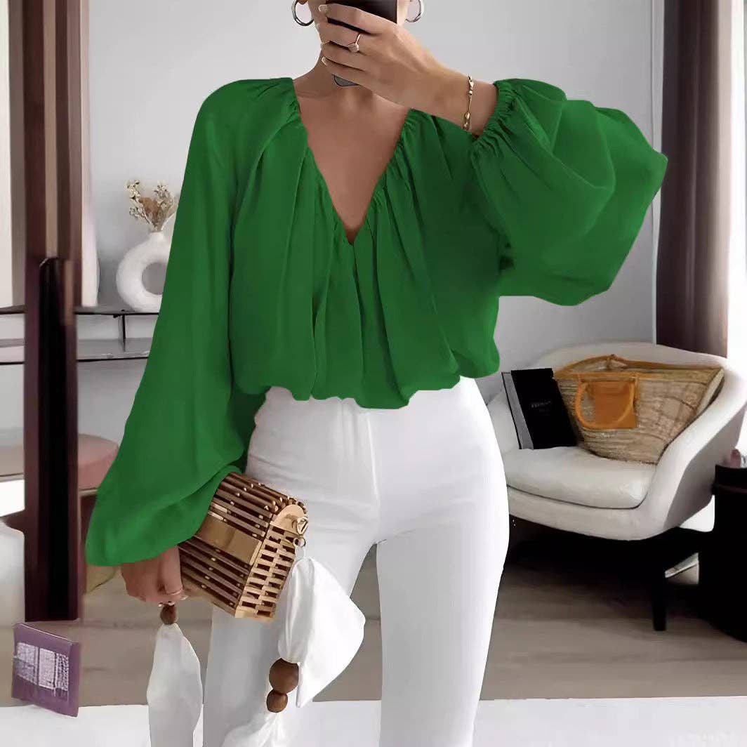 Printed V-Neck Long Sleeve Shirt Elegant Women's Loose Solid