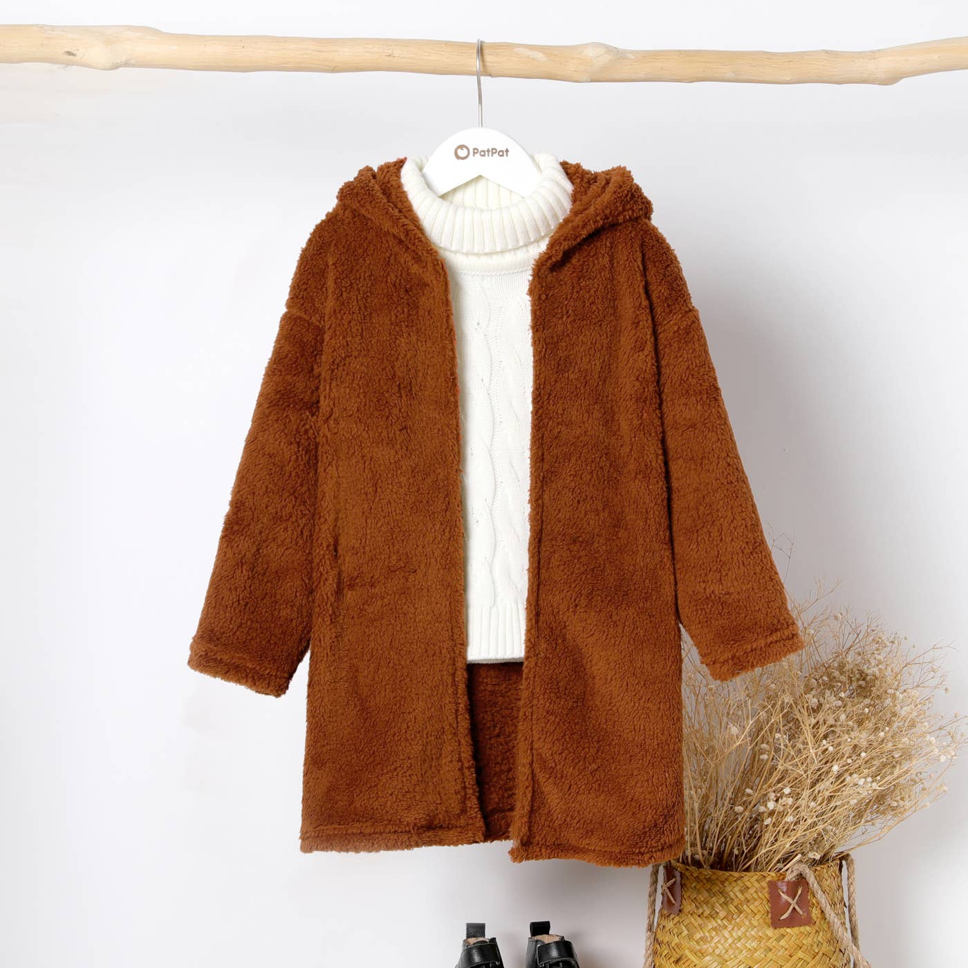 Kid Boy/Girl Solid Color Hooded Fuzzy Coat