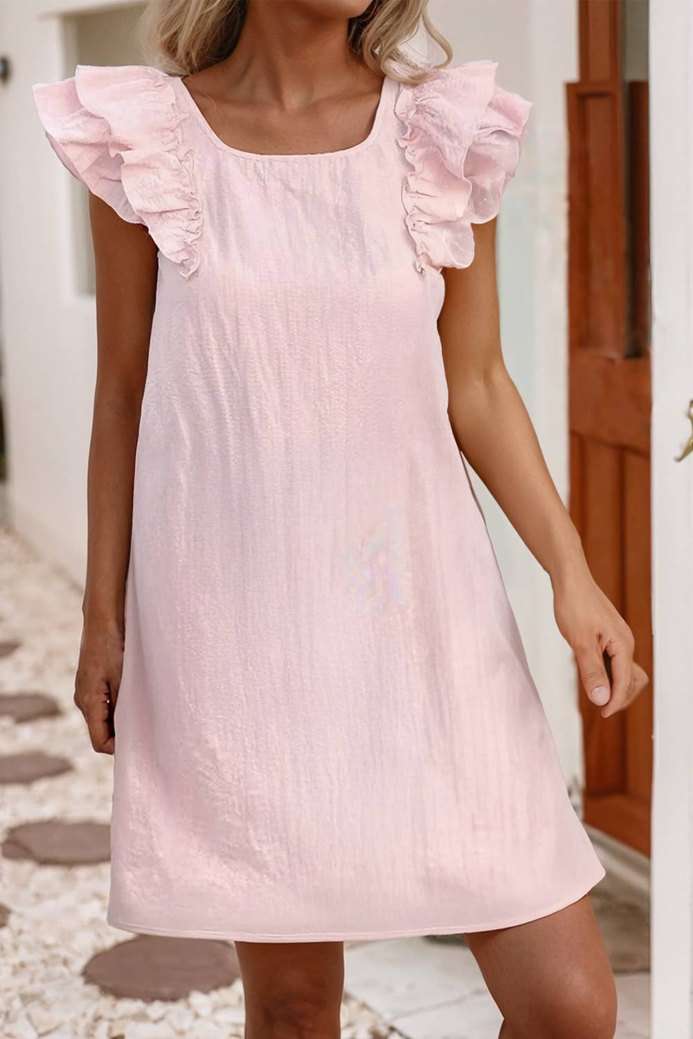 LDC Textured Flutter Sleeve Square Neck Bow Back Mini Dress
