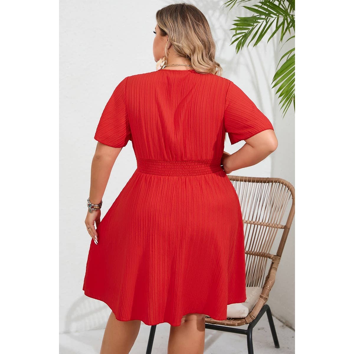 Plus V Neck Elastic Waist Fit Ruffle Midi Dress