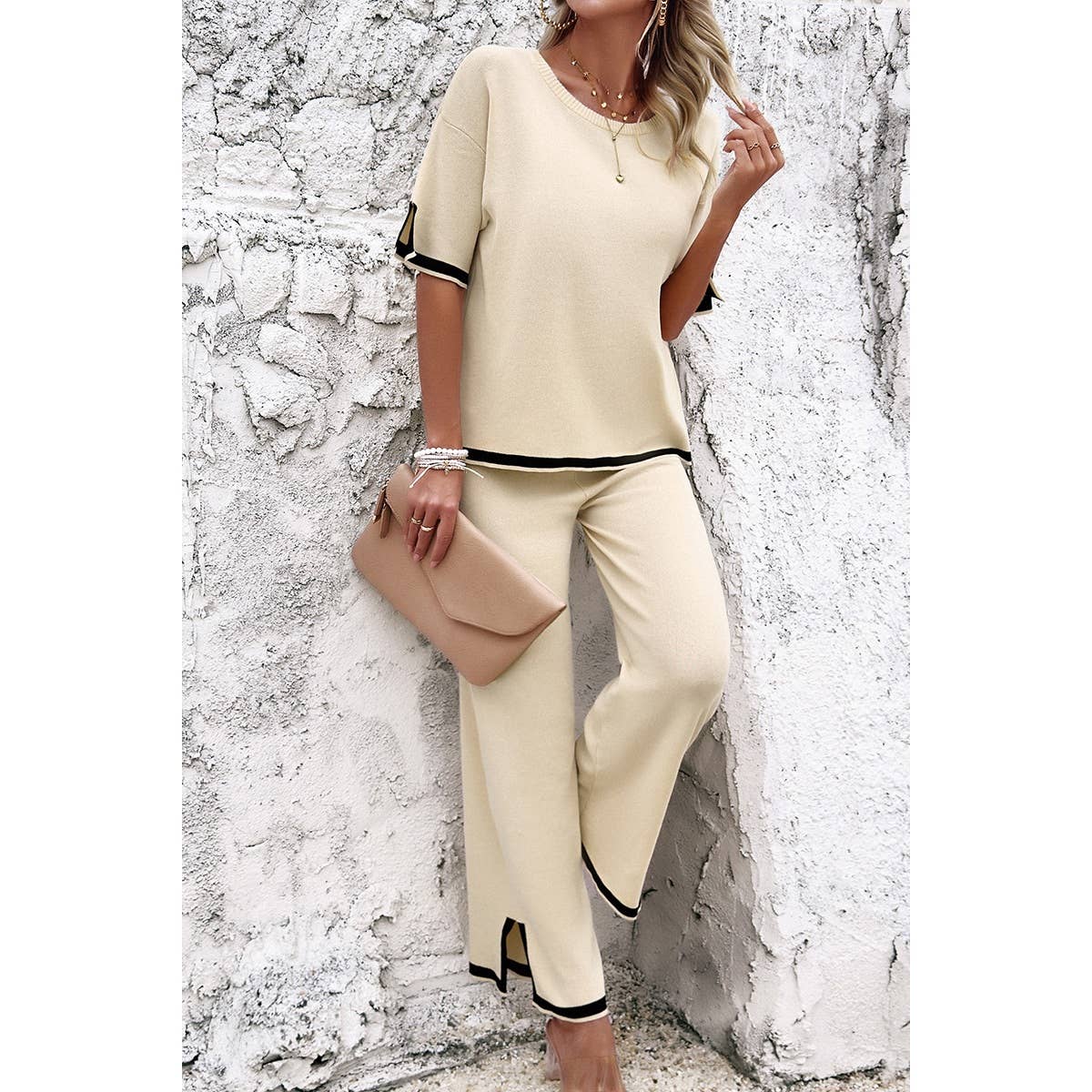 Two Pieces Round Neck Fit Blouse And Pants Sets