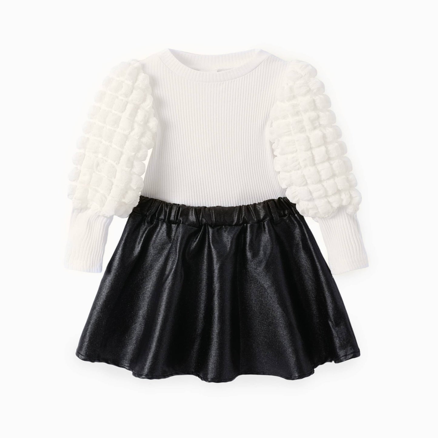 Toddler Girl 2pcs Puff-sleeve Tee and Leather Skirt Set