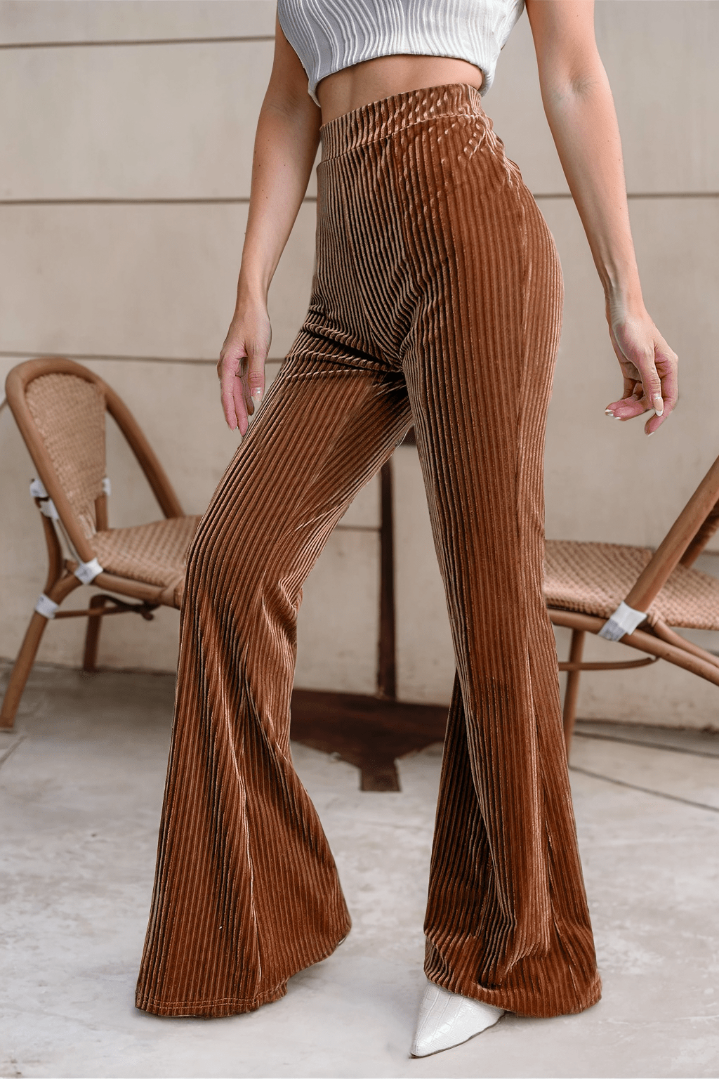 LDC Solid Color High Waist Flare Corduroy Pants