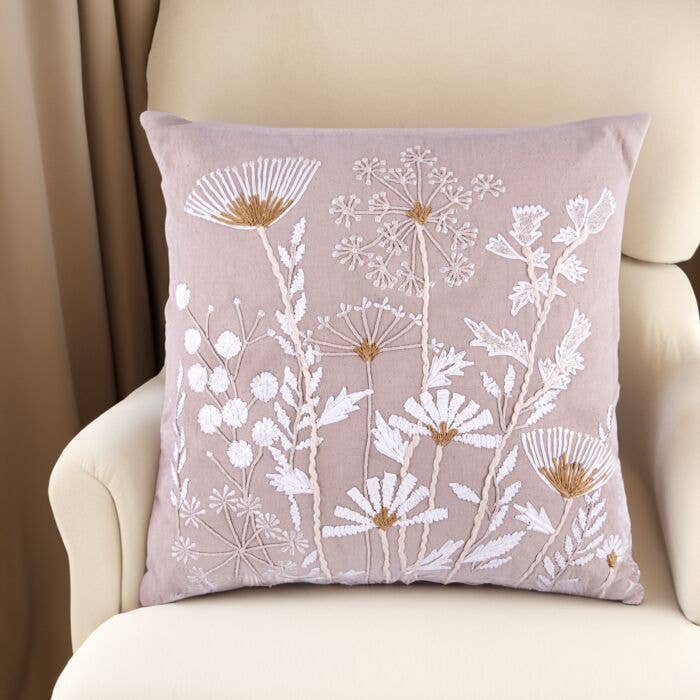 Summer Flowers Cotton Embroidered Decorative Pillow in Beige
