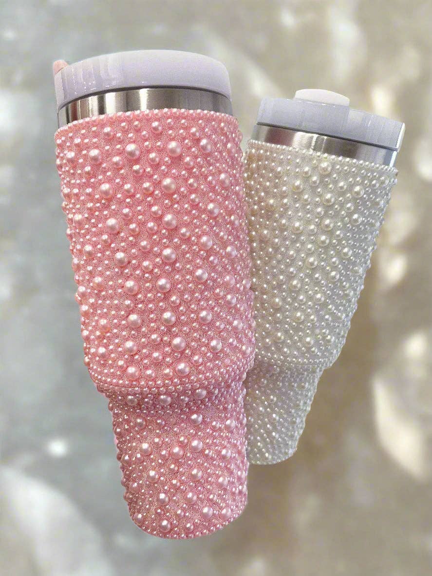 40 oz White Pearl Studded Tumbler