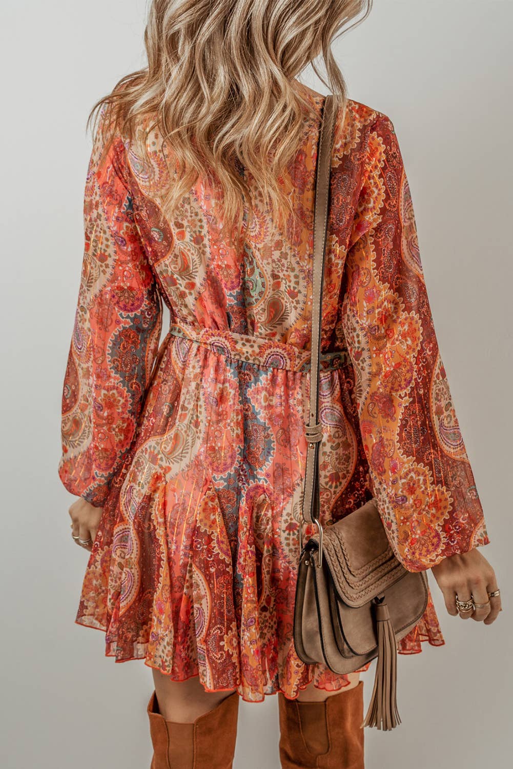 LDC Boho Paisley Print Long Sleeve Pleated Belted Mini Dress