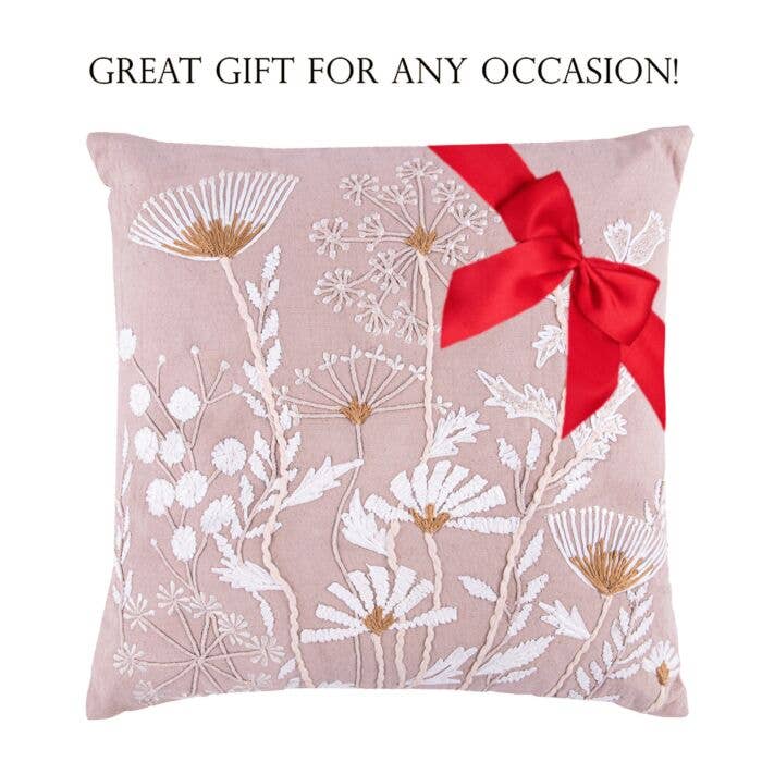 Summer Flowers Cotton Embroidered Decorative Pillow in Beige