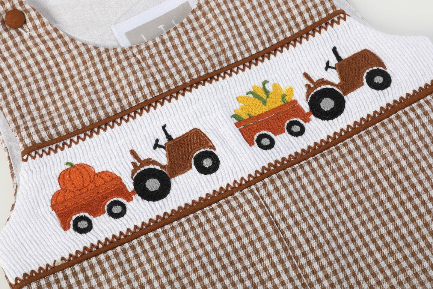 Brown Gingham Pumpkin and Corn Tractor Overalls