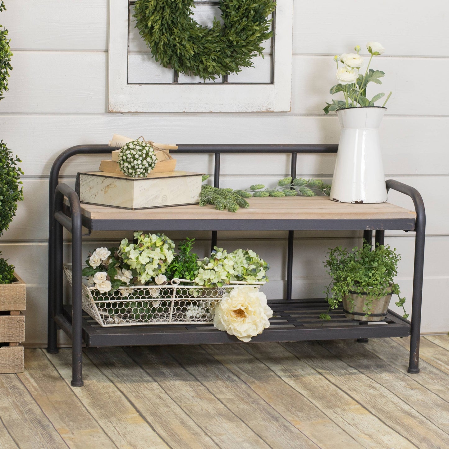 Metal and Wood Bench 36" Wood Seat