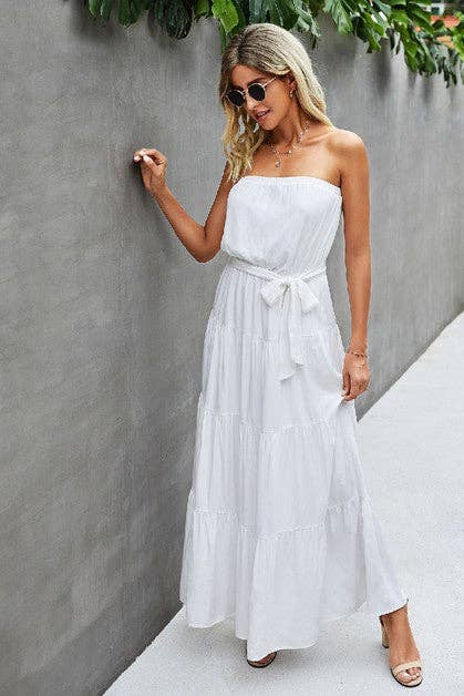 Off Shoulder Waist Tie Ruffle Dress - Clearance