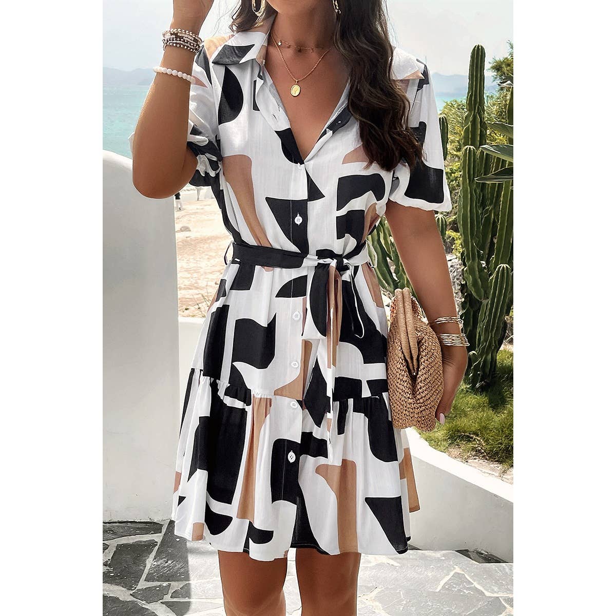 Allover Print Ruffle Front Button Open Belt Dress