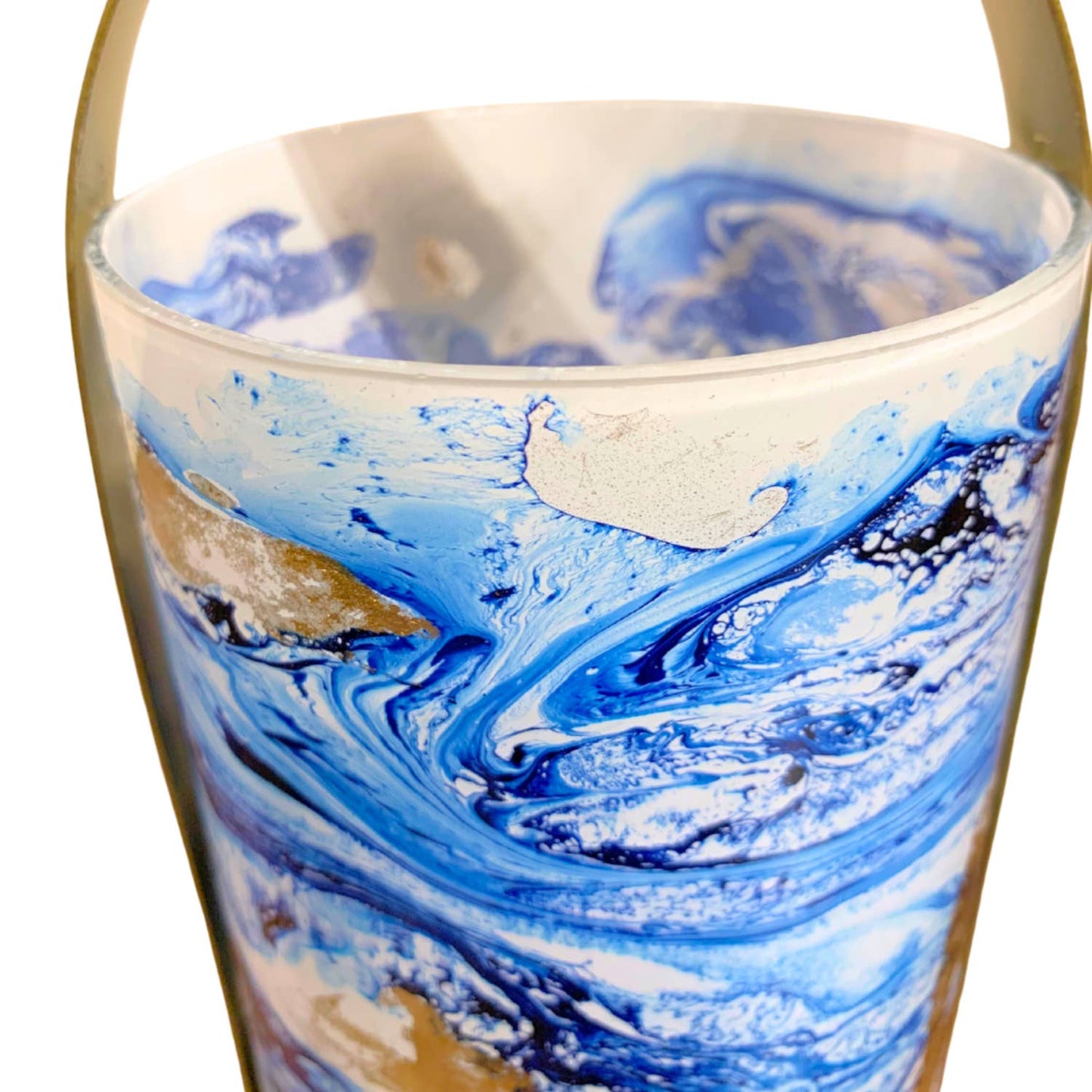 NAVY GOLD WATERCOLOR GLASS CANDLE HOLDER 11" H X 4" DIA