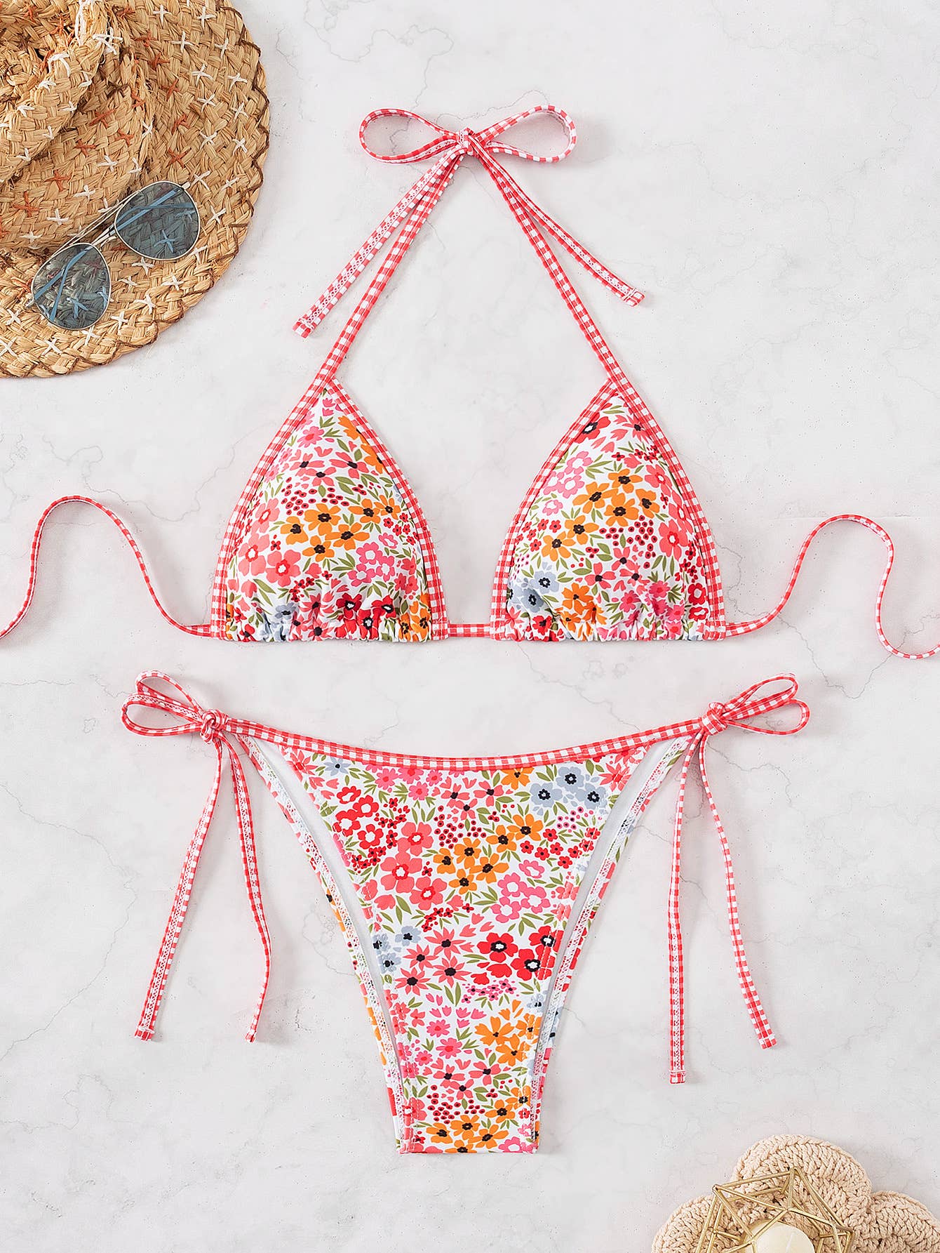 Bohemian Print Lace-Up Sexy Bikini Split Swimsuit Set