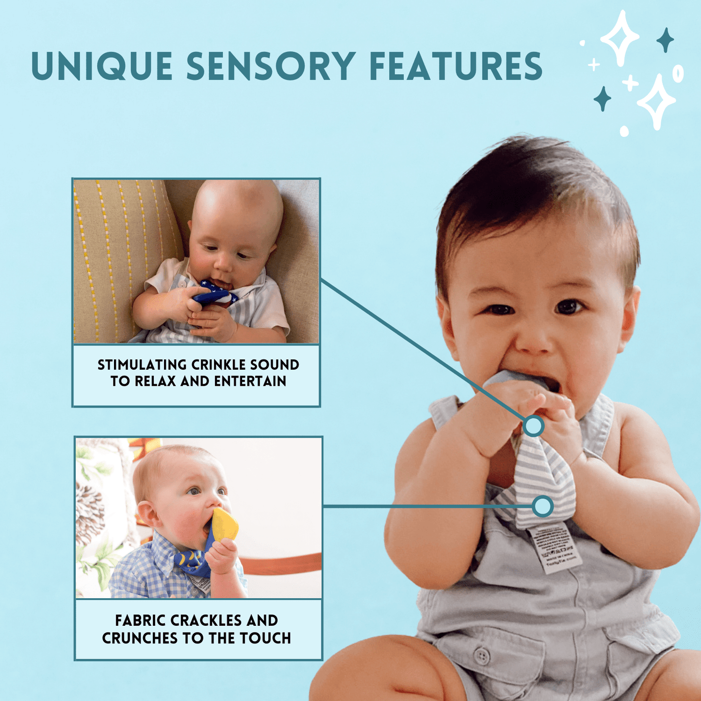 Tasty Tie Teether, Crinkle Toy, Baby Boy Gift (Polkadot)