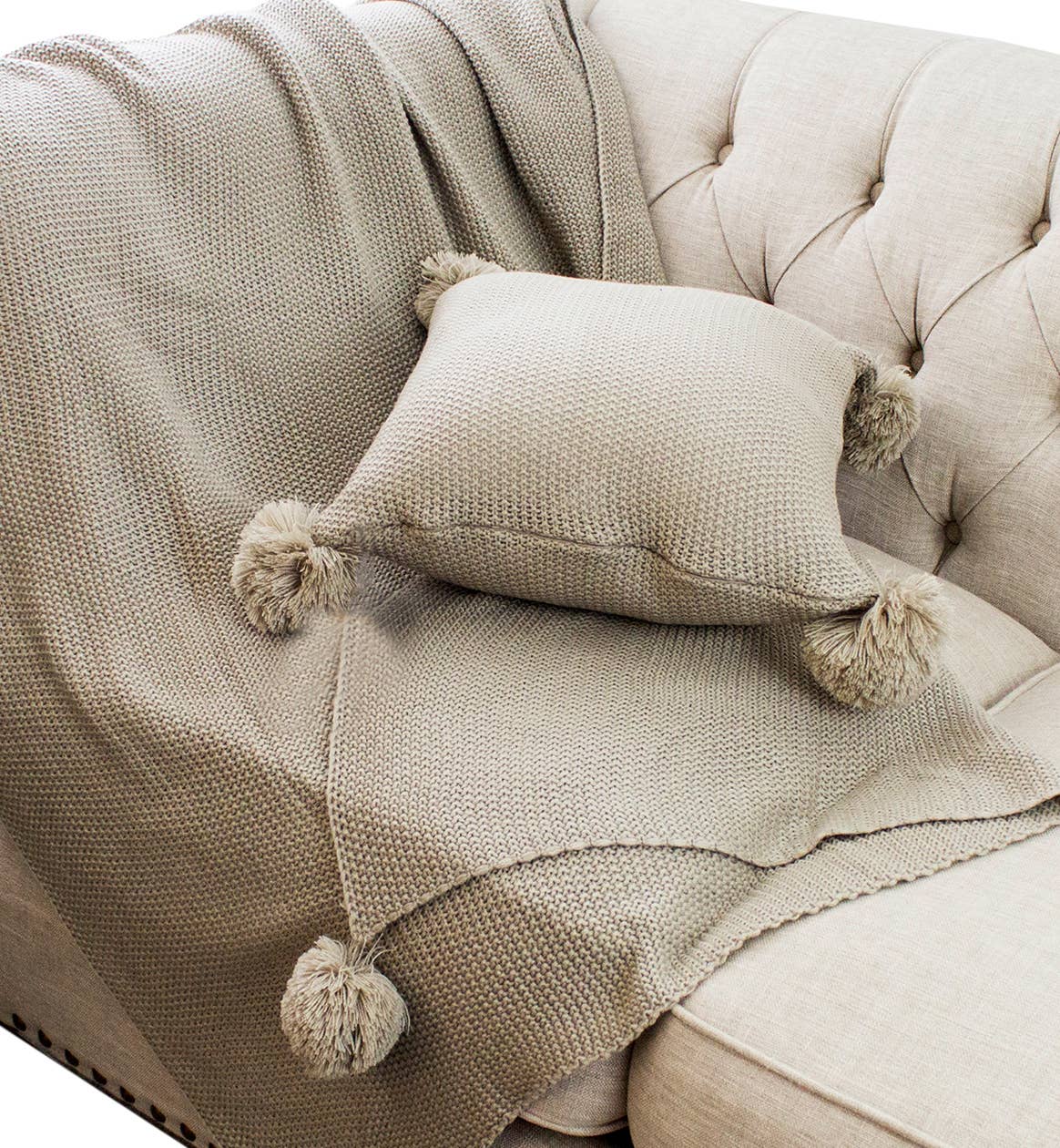 Khaki Chunky Knit Pom Pom Throw Blanket