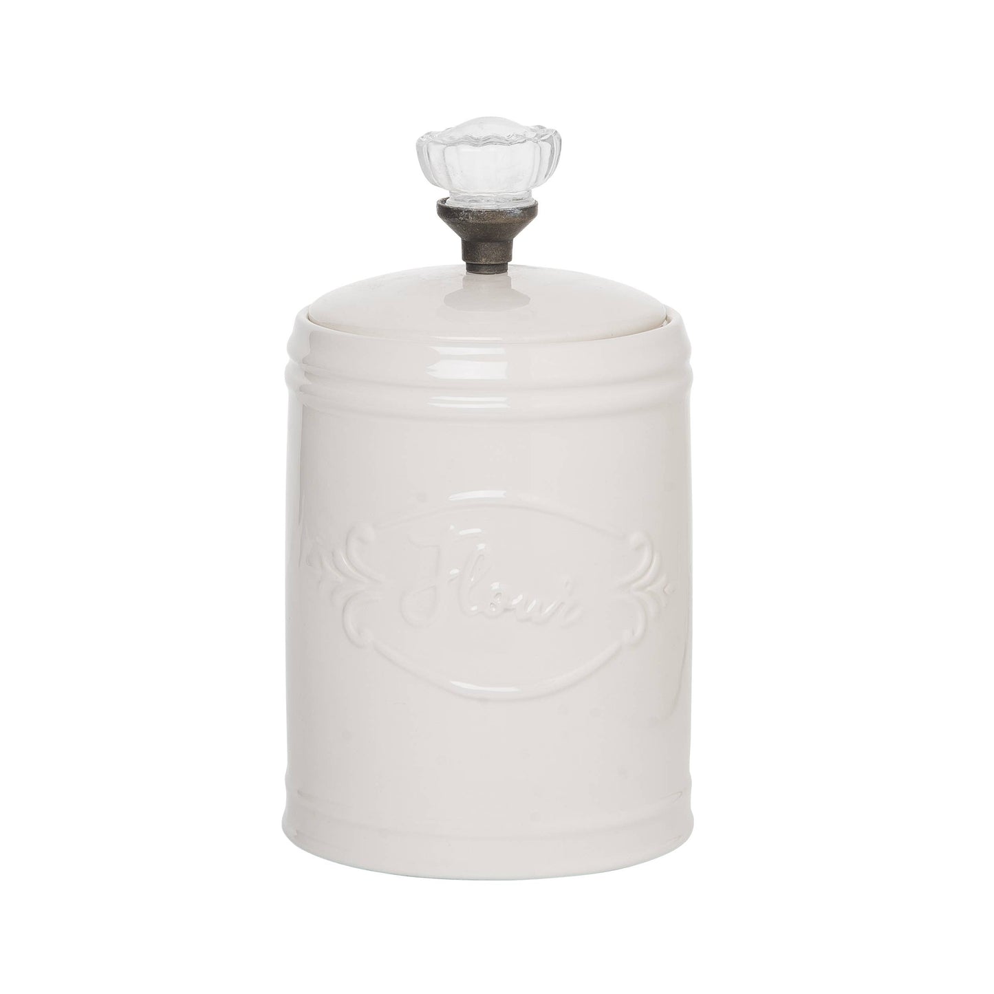White Flour Script Label Canister w/ Glass Knob