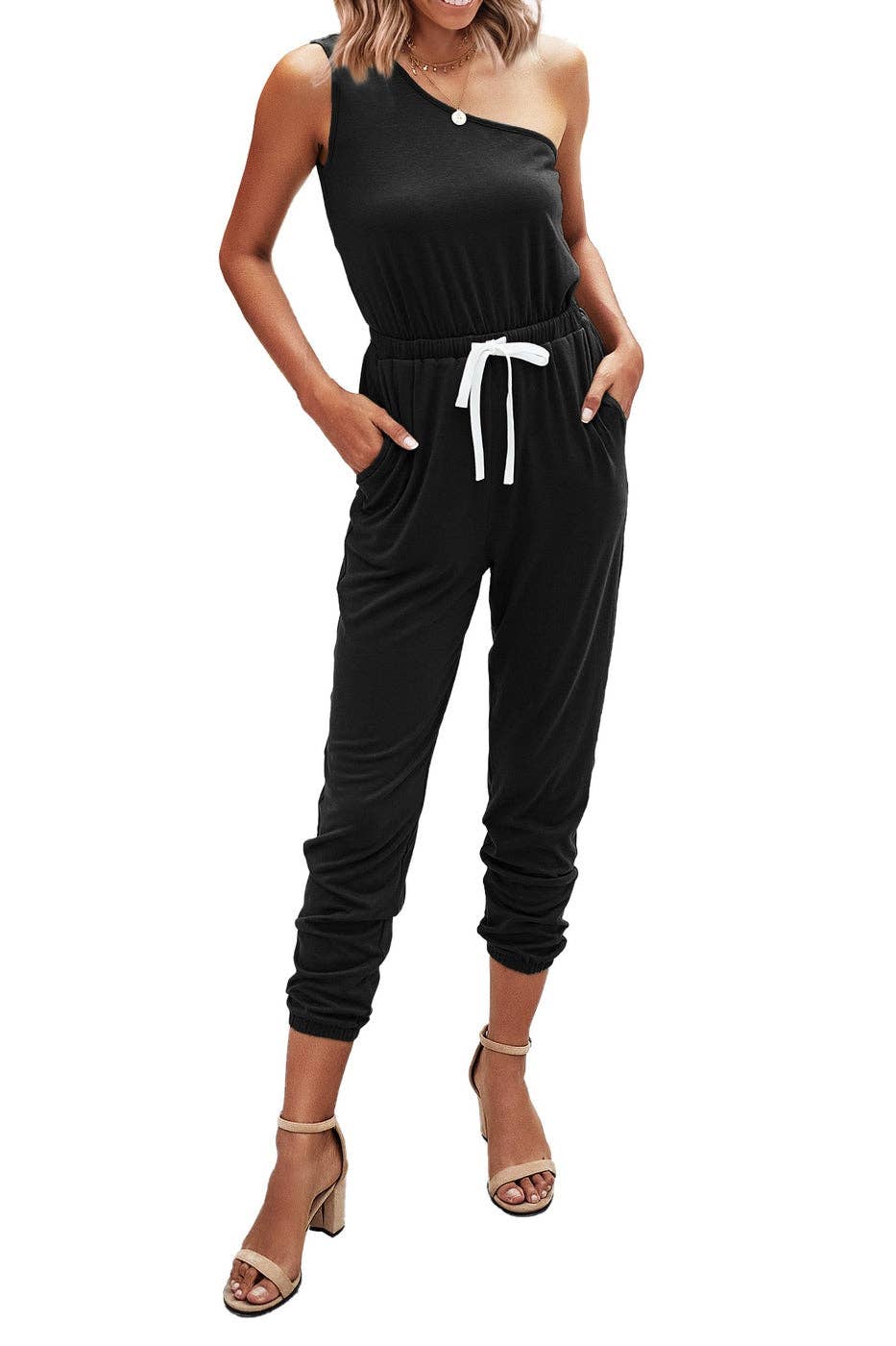 One Shoulder Drawstring Jumpsuit - Clearance