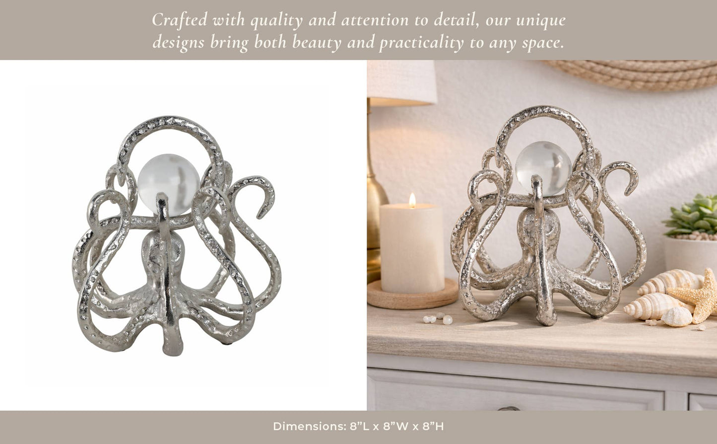 Figurine - Silver Metal Octopus with Acrylic Ball, 8 in.