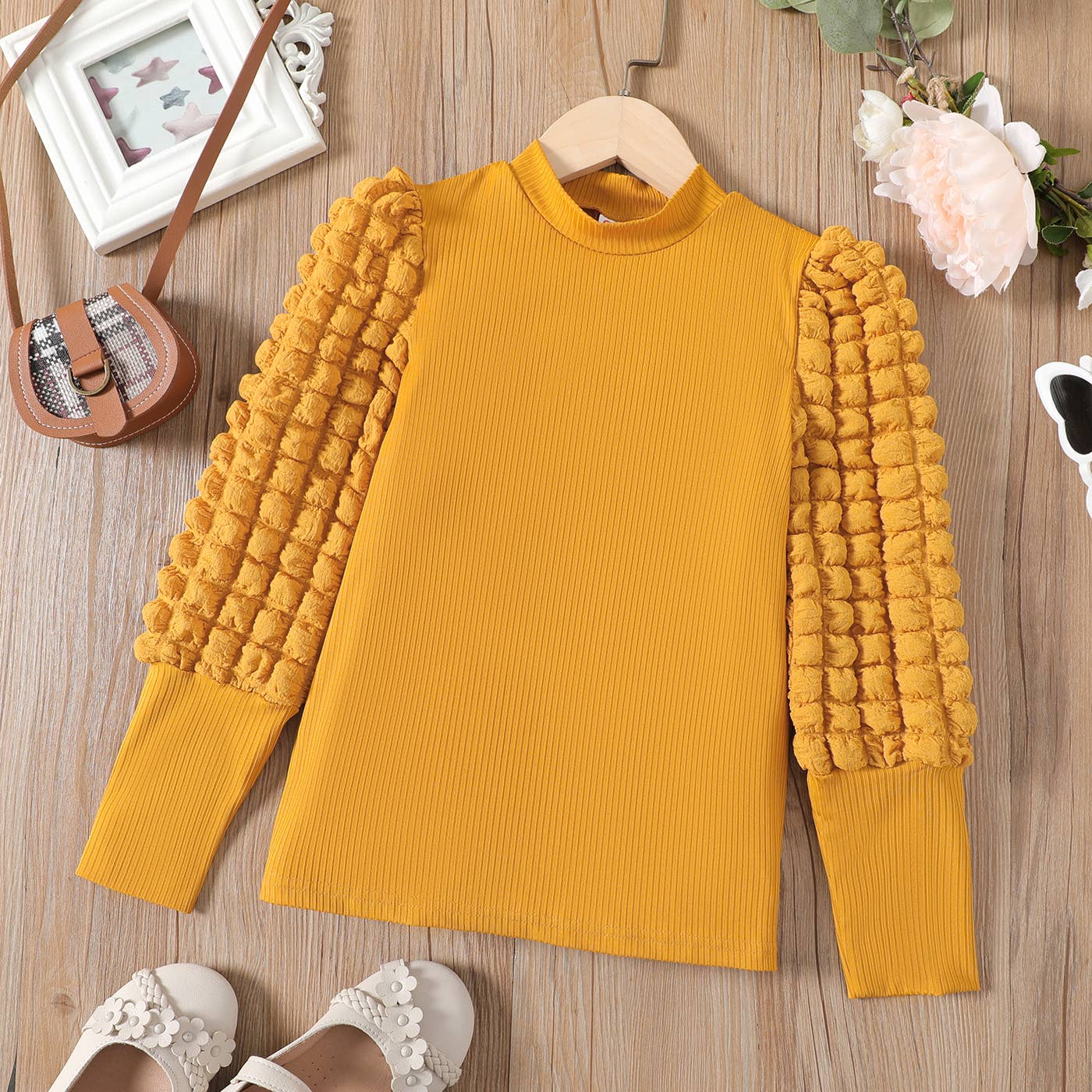Kid Girl Textured Long Puff-sleeve Mock Neck Solid Color Tee