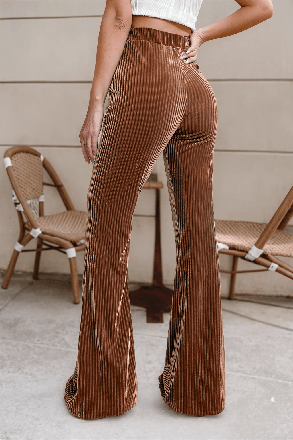 LDC Solid Color High Waist Flare Corduroy Pants