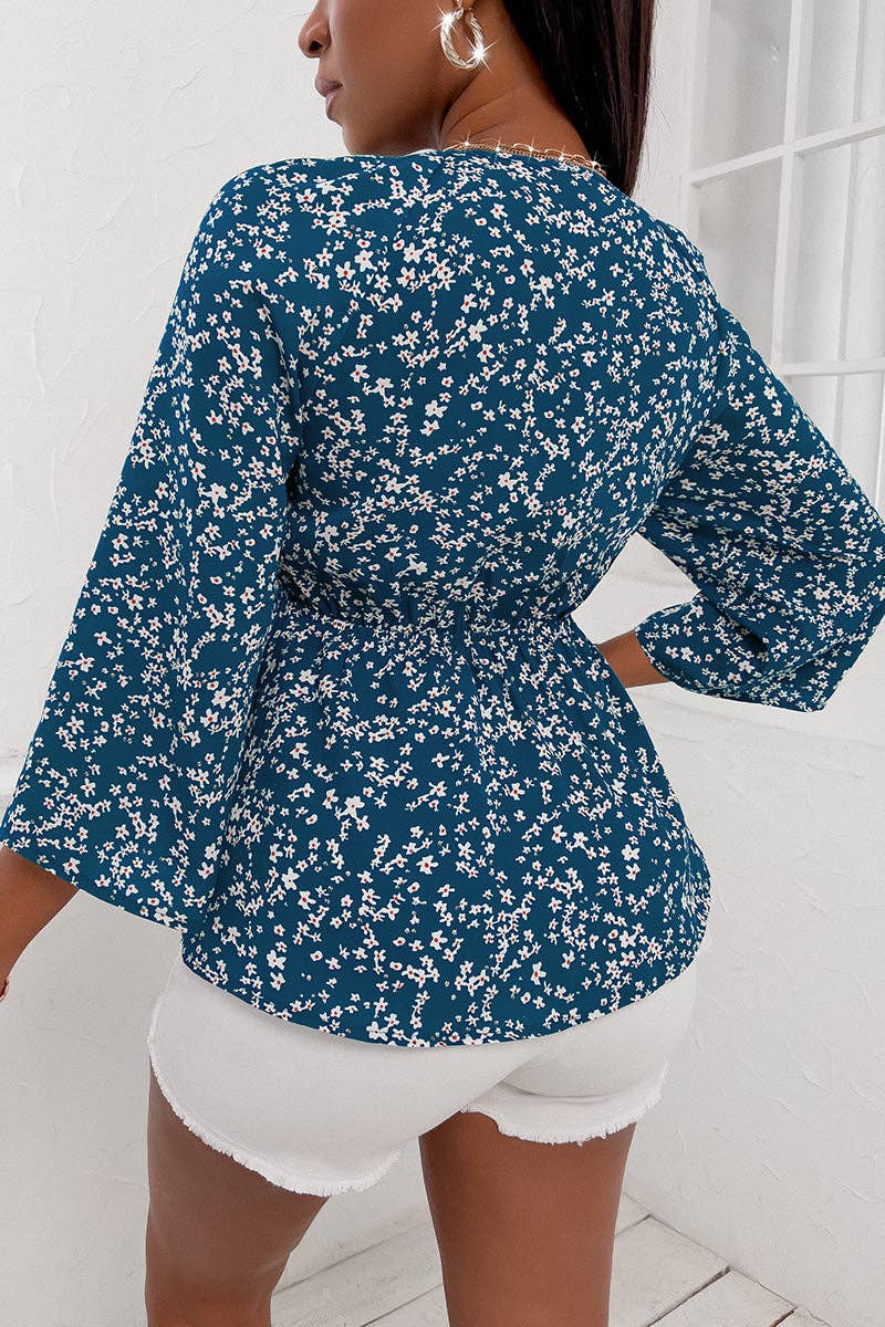 V Neck 3/4 Sleeve Floral Chest Tie Top