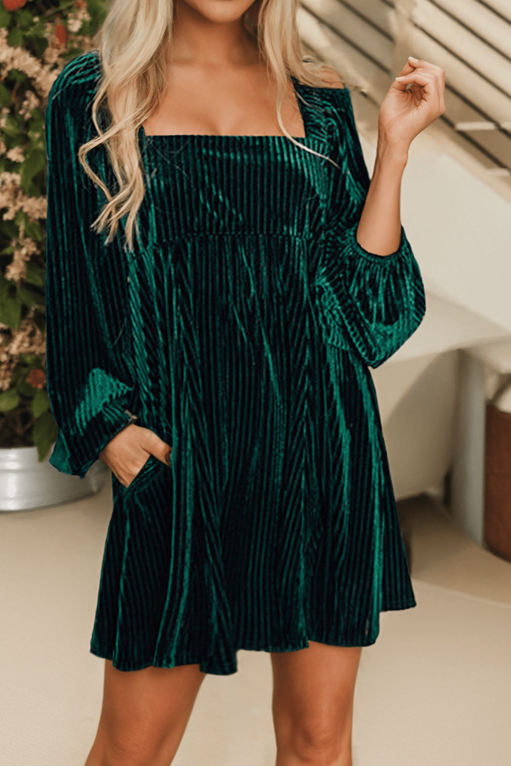 LDC Tie Back Square Neck Velvet Babydoll Dress