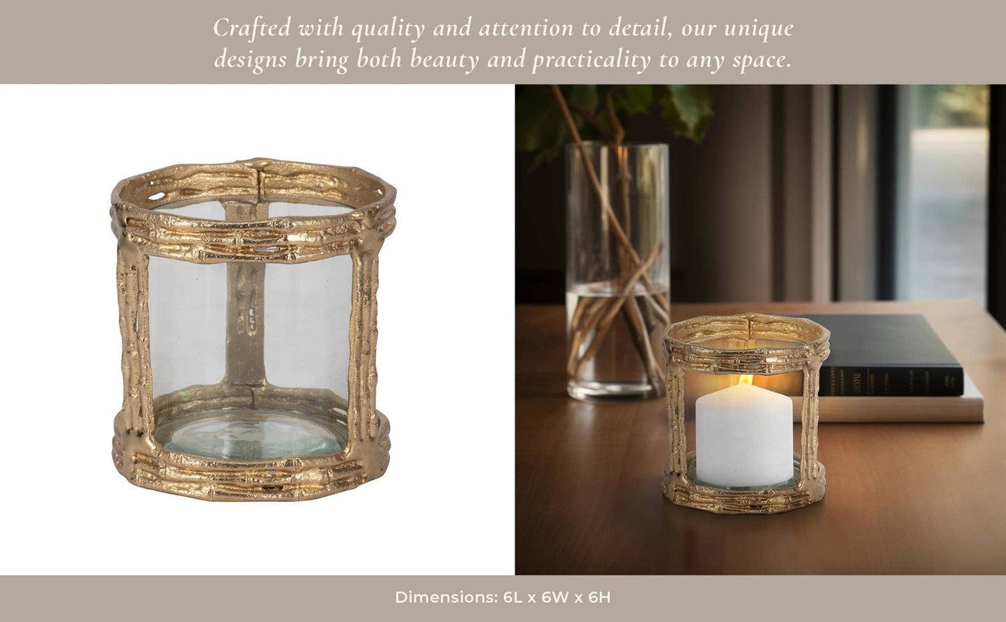 Metal Glass Modern Hurricane Candle Holder - Gold, 6 in.