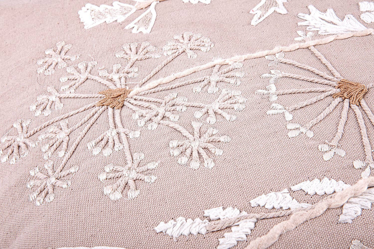 Summer Flowers Cotton Embroidered Decorative Pillow in Beige