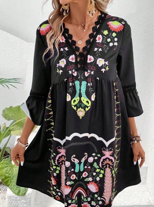 V-Neck Lace Panel Casual Vintage Print Dress