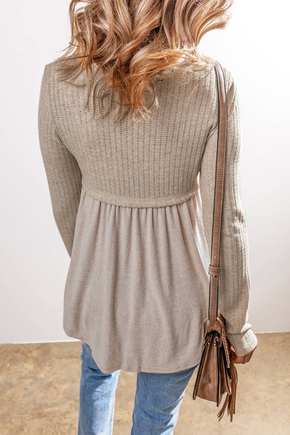 LDC Textured Long Sleeve V Neck Babydoll Top