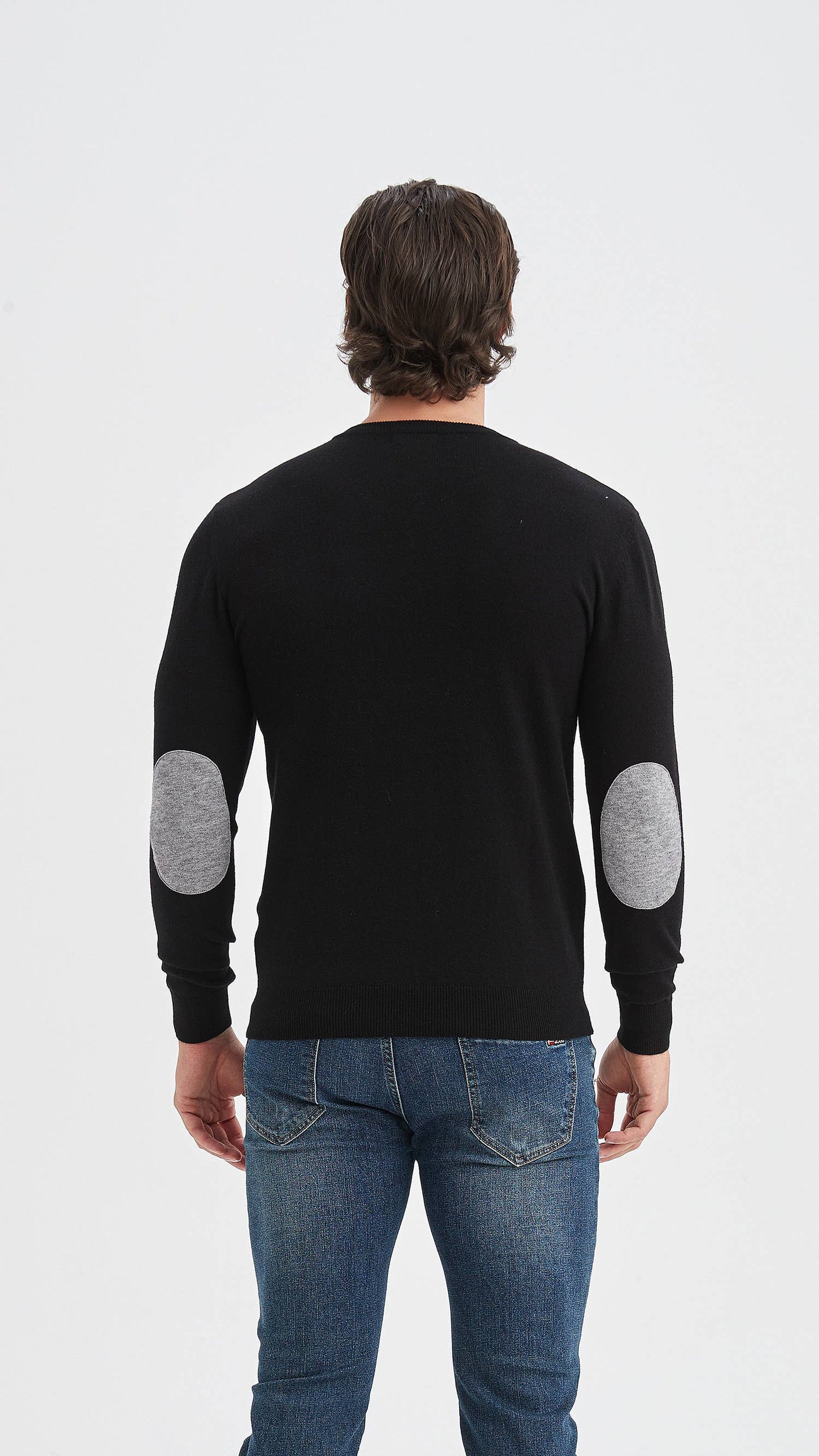 Black V-neck sweater with elbow pads