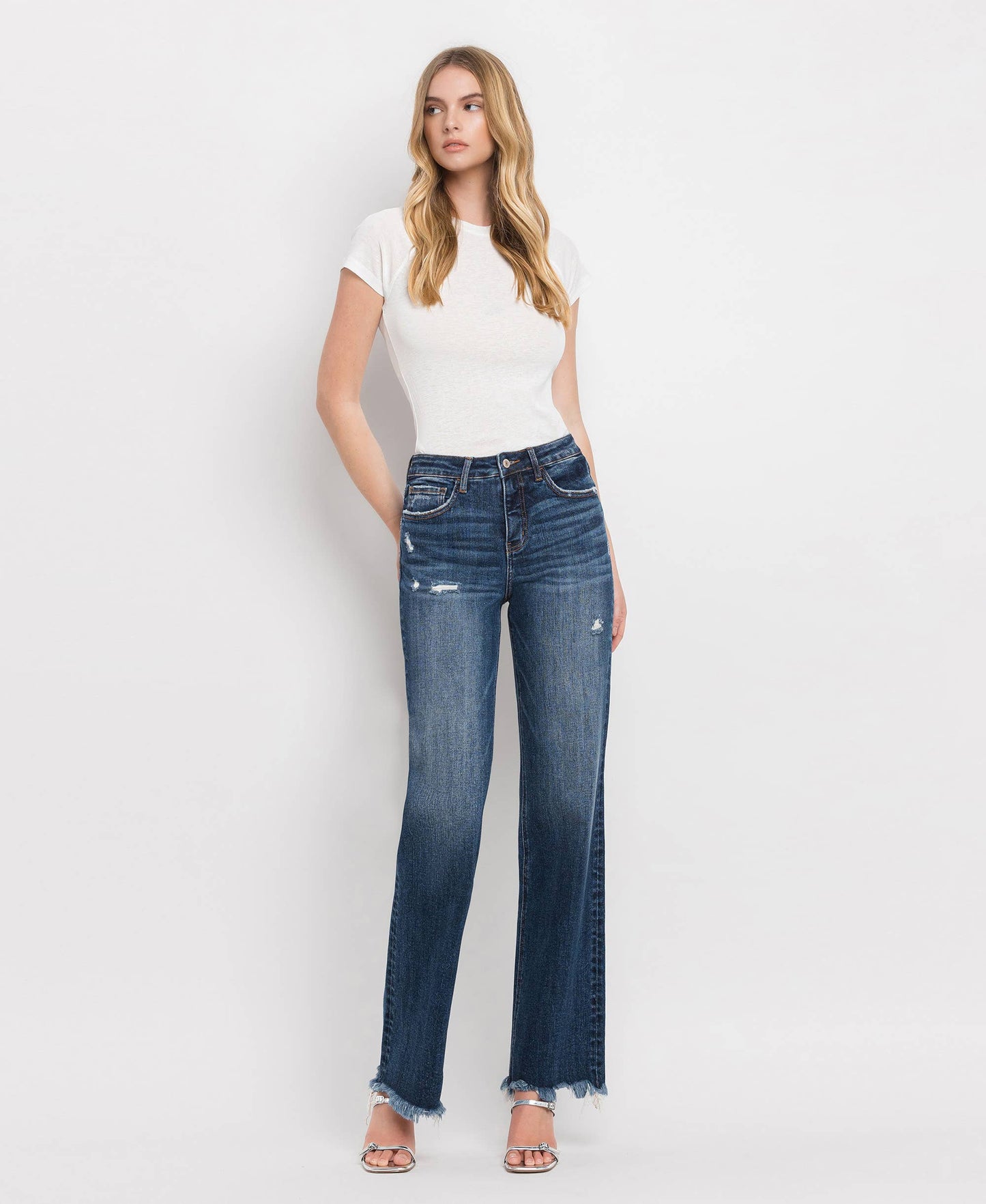 TUMMY CONTROL HIGH RISE FRAYED HEM DAD JEANS LV1308