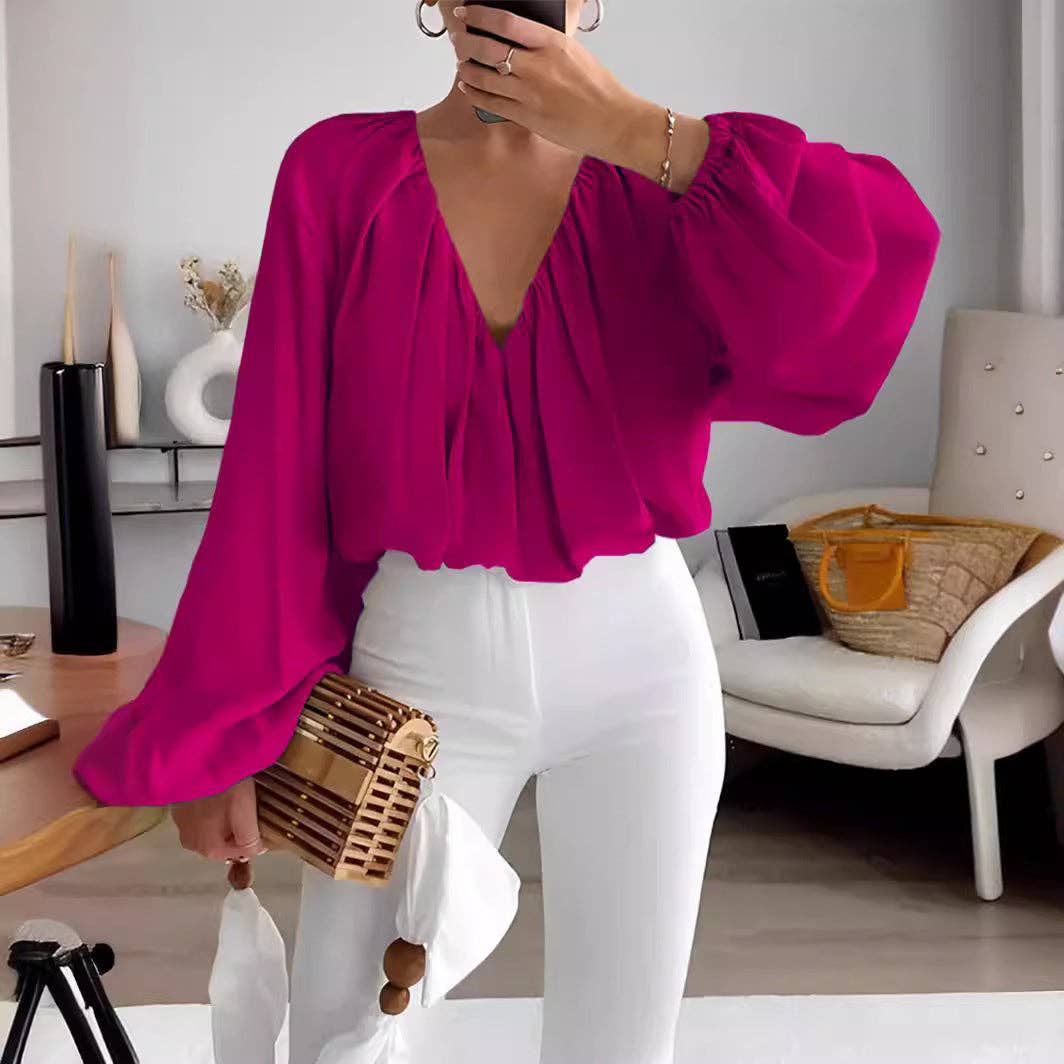 Printed V-Neck Long Sleeve Shirt Elegant Women's Loose Solid