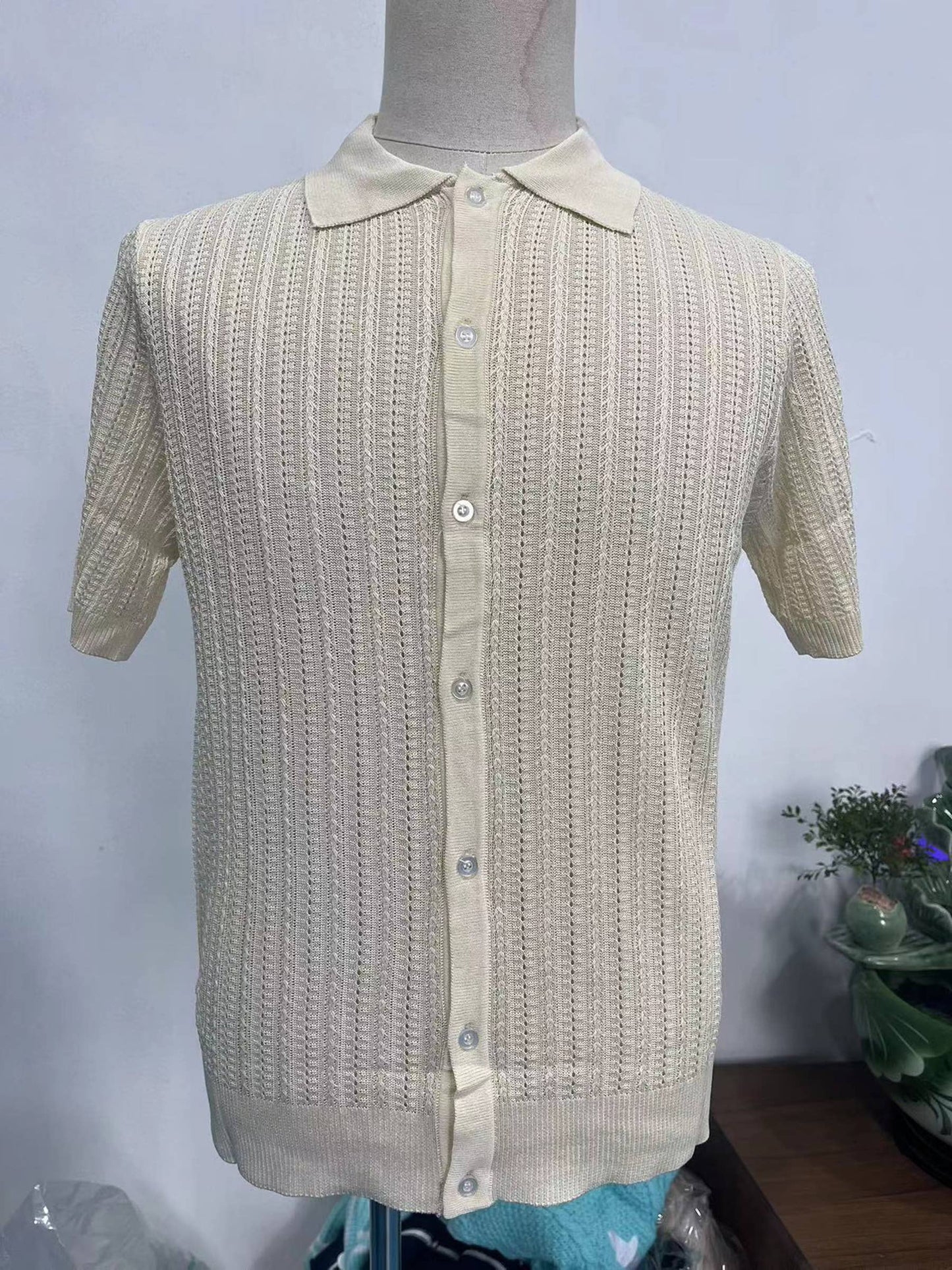 Polo Collar Solid Color Hollow Top