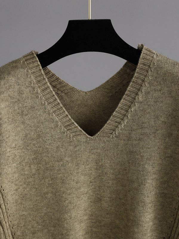 Urban Loose Solid Color V-Neck Sweater Tops& Wide Leg Pants Suits