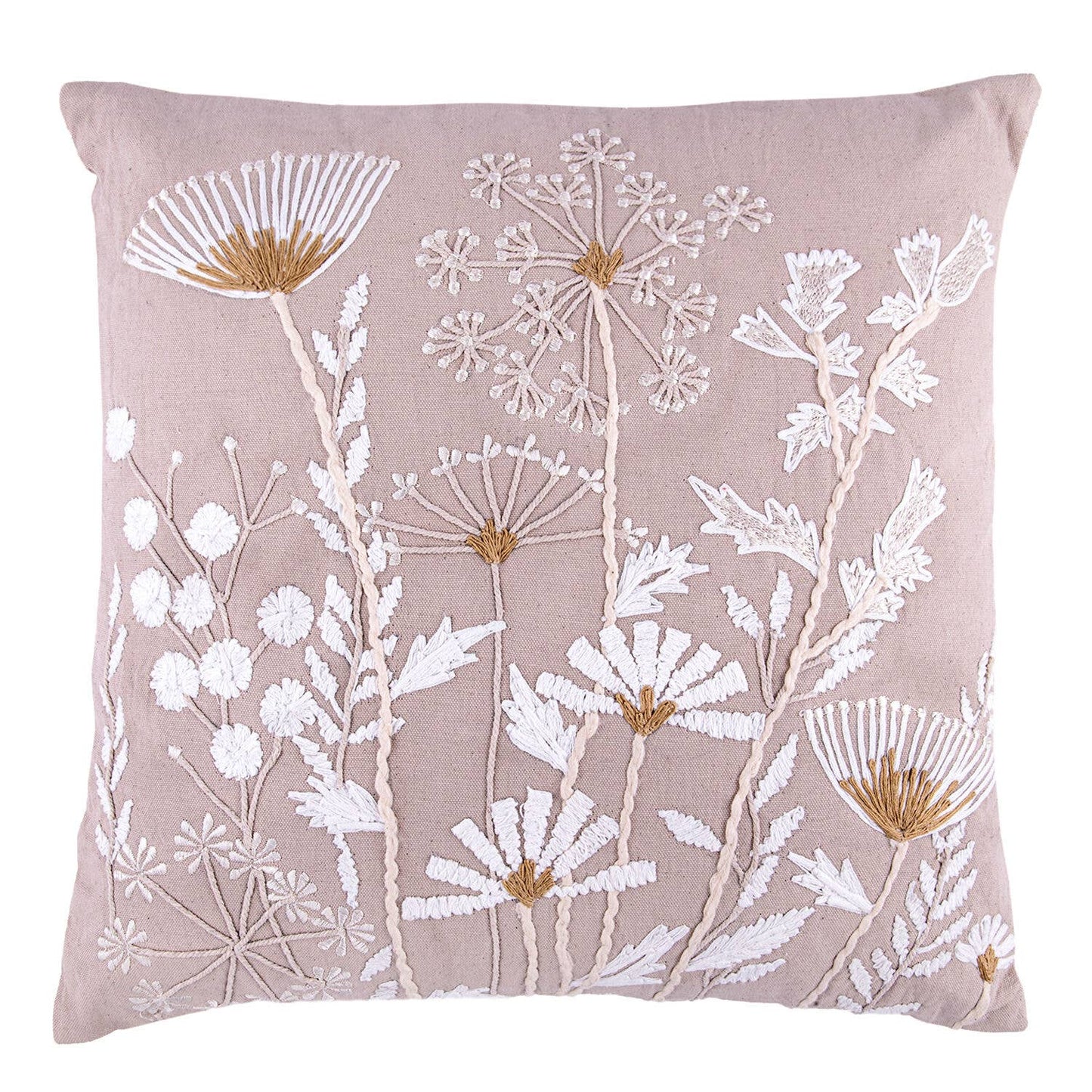 Summer Flowers Cotton Embroidered Decorative Pillow in Beige