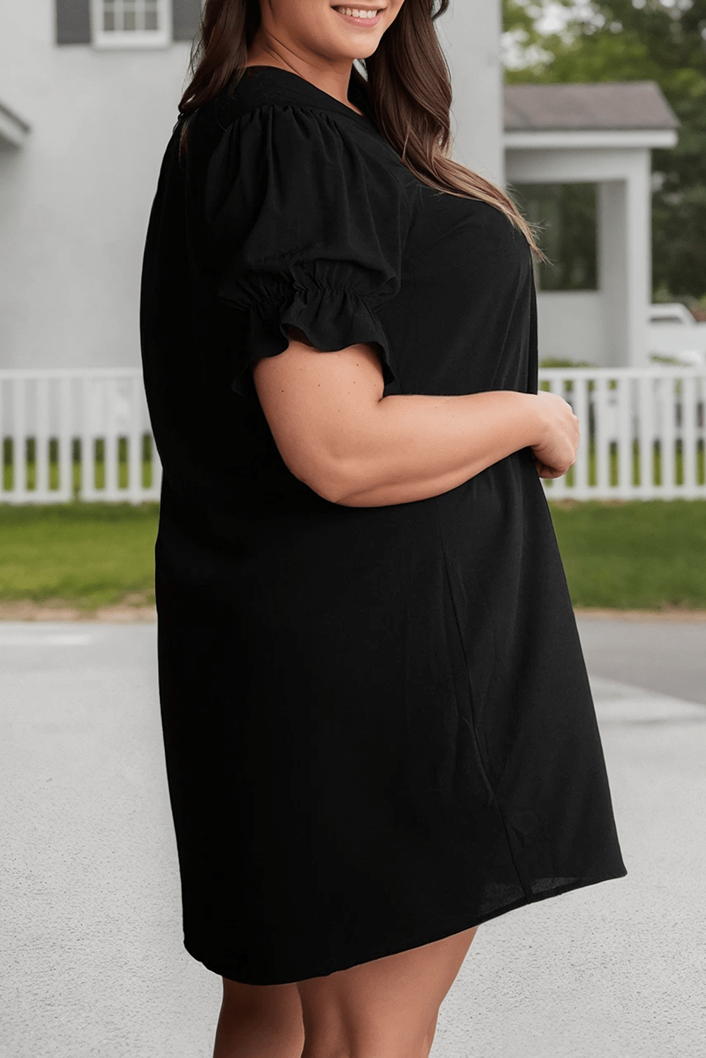Ruffled Short Sleeve V Neck Plus Size Mini Dress