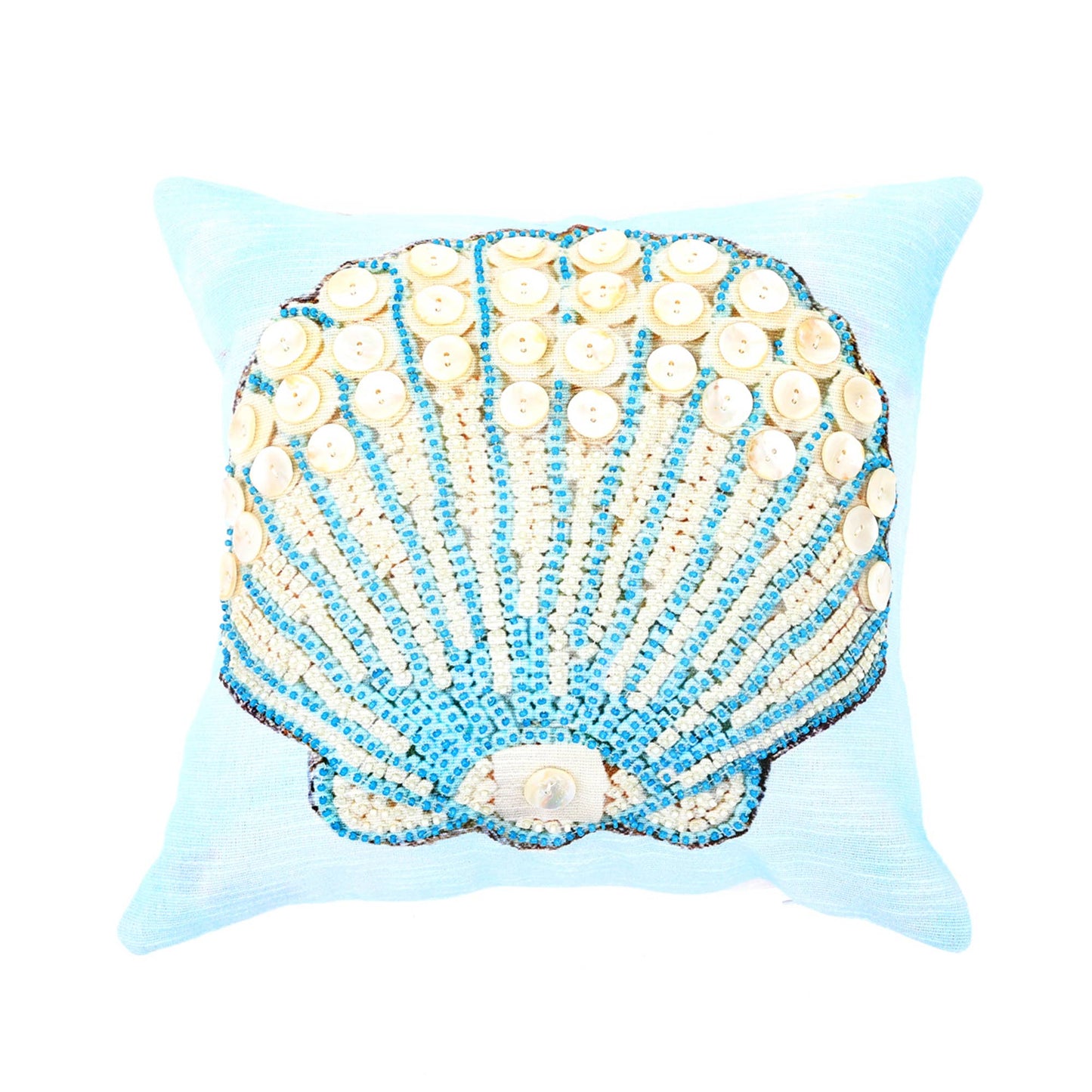 Print & Beadwork Seashell Pillow-Blue & Ivory 18"x18"