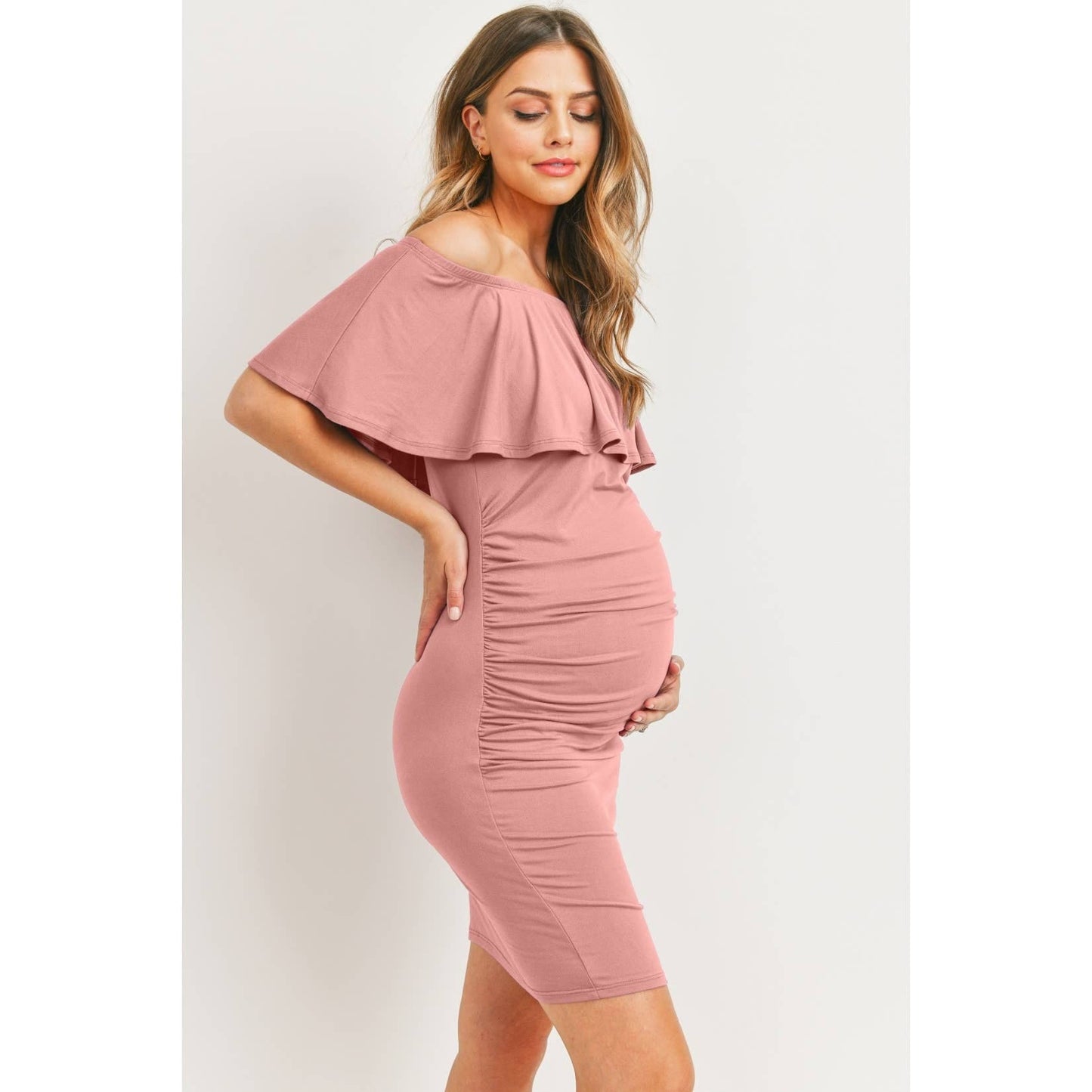 Mini Ruffle Off Shoulder Ruched Maternity Dress