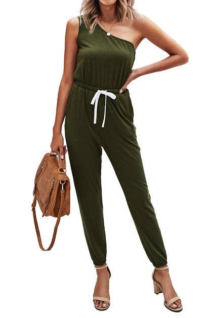 One Shoulder Drawstring Jumpsuit - Clearance