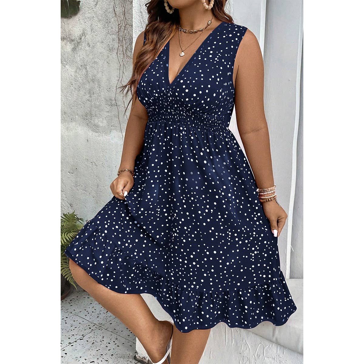Plus Polka Dot Waist Shirred Sleeveless Fit Dress