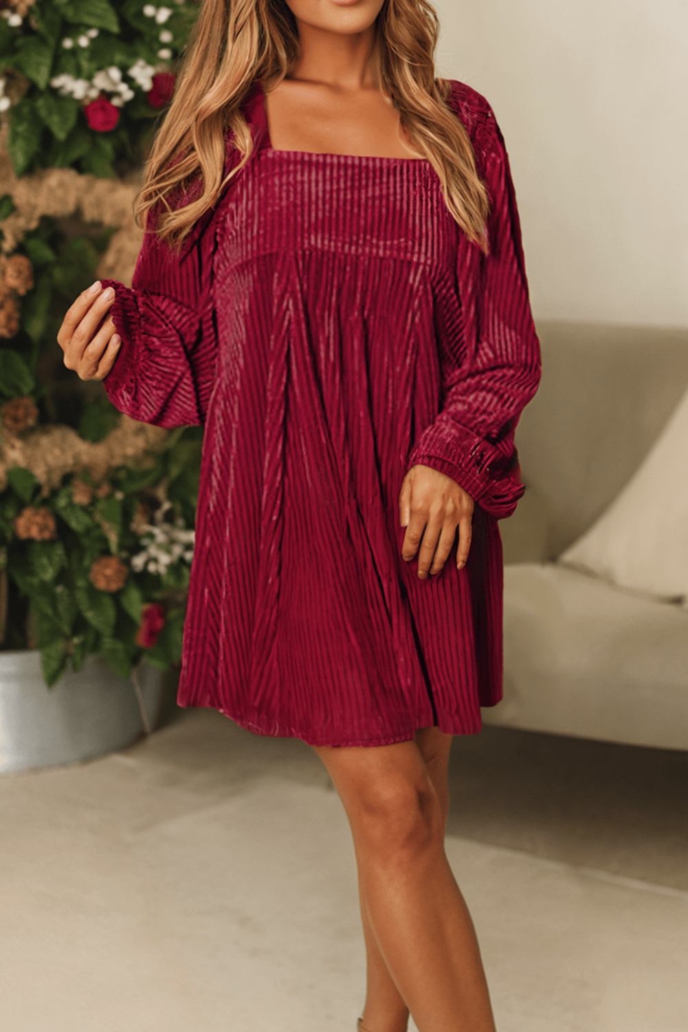 LDC Tie Back Square Neck Velvet Babydoll Dress