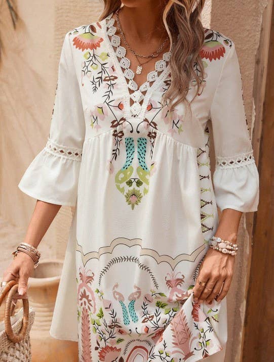 V-Neck Lace Panel Casual Vintage Print Dress