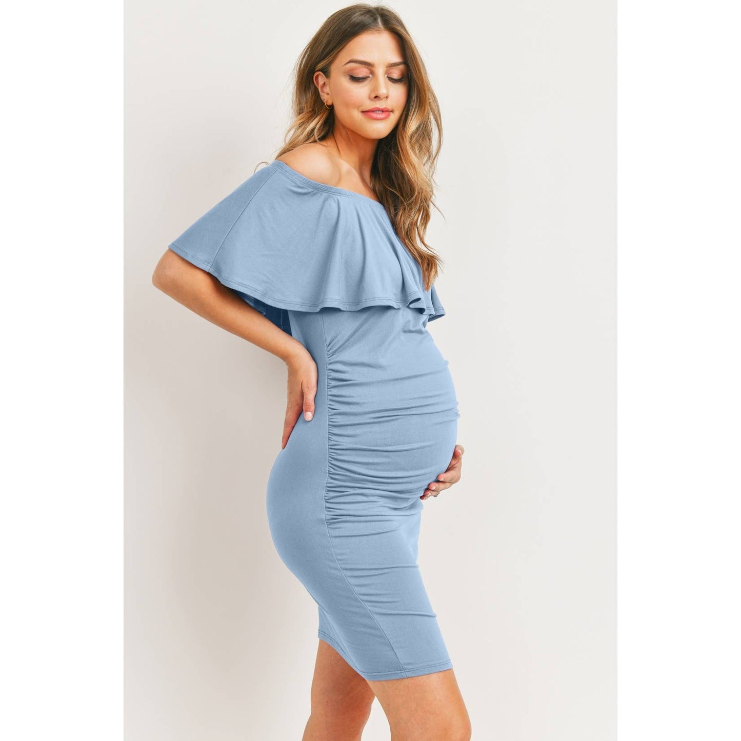 Mini Ruffle Off Shoulder Ruched Maternity Dress